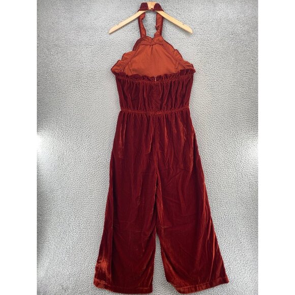 Storia Jumpsuit Womens Medium Rust Red Velvet Halter Neck Ruffle Tie Holiday NWT - Picture 3 of 13